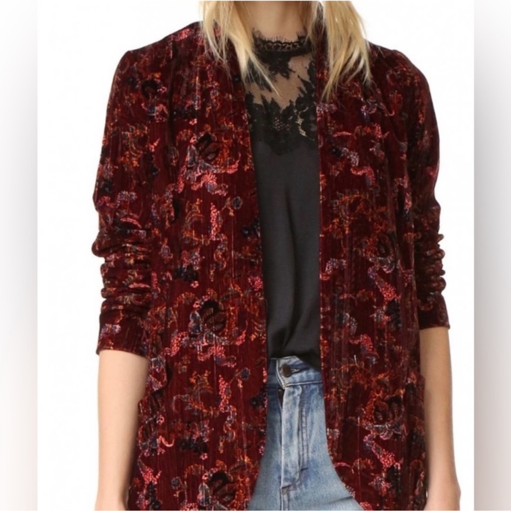Free People Crinkle Velvet Open Front Patterned Blazer